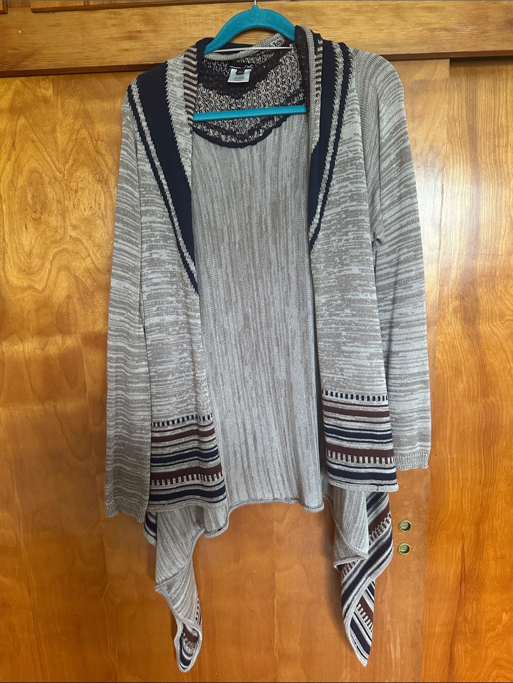 RXB Beige and Navy Open-Front Draped Cardigan with Stripe Accents